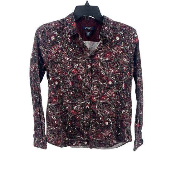 Chaps Women's No Iron Petite Shirt Red Paisley Button-Up Long Sleeve Size PM/M - Picture 1 of 9